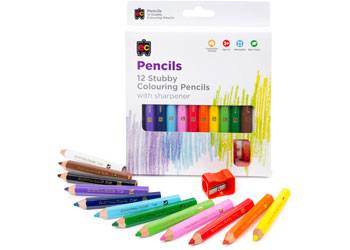 Jumbo Stubby Colouring Pencils Pack 12 & Sharpener - Educational Vantage